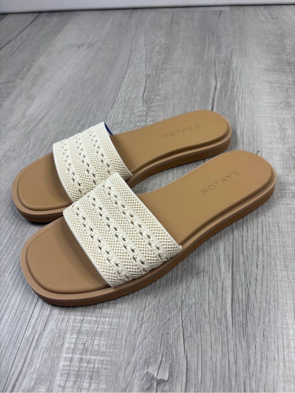 Rothy's Cream Crochet Strap Tan Footbed Slide Sandals - Picture 3 of 6